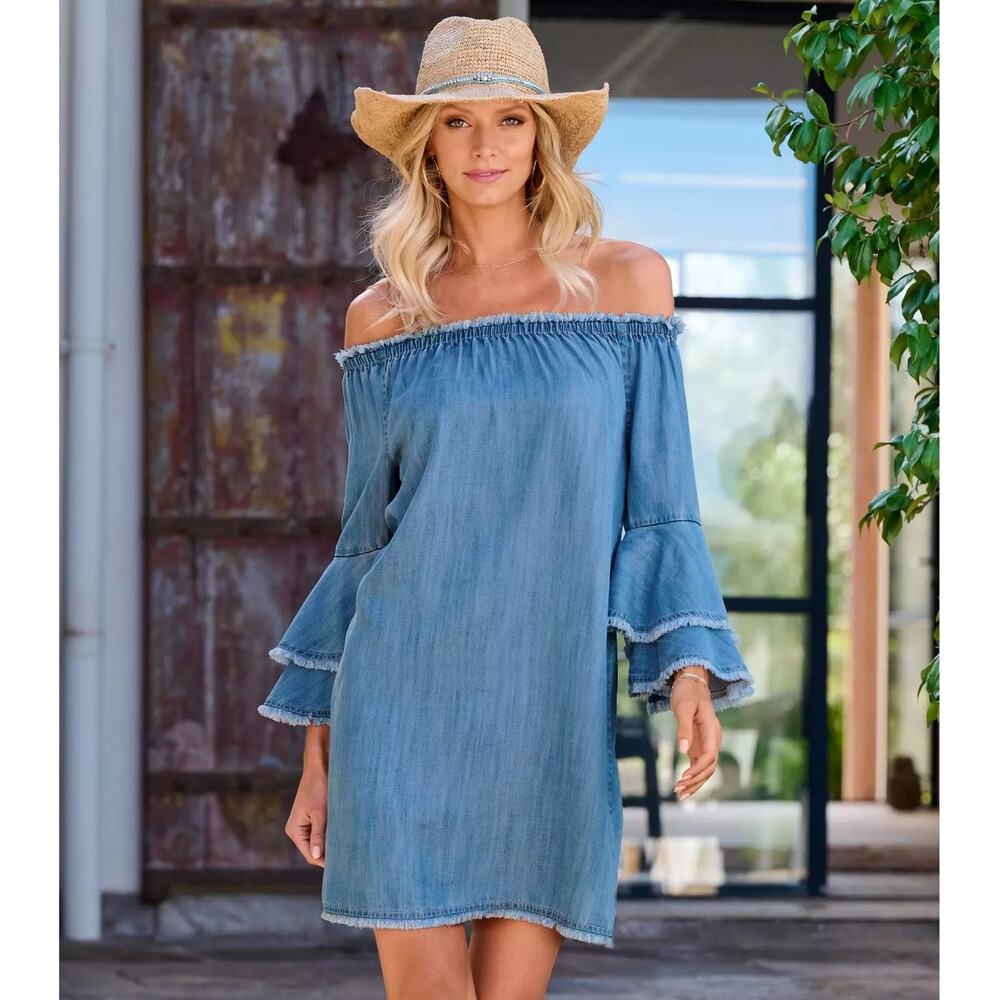 Boston Proper Summer Essentials Tencel Off the Shoulder Dress Medium Wash EUC